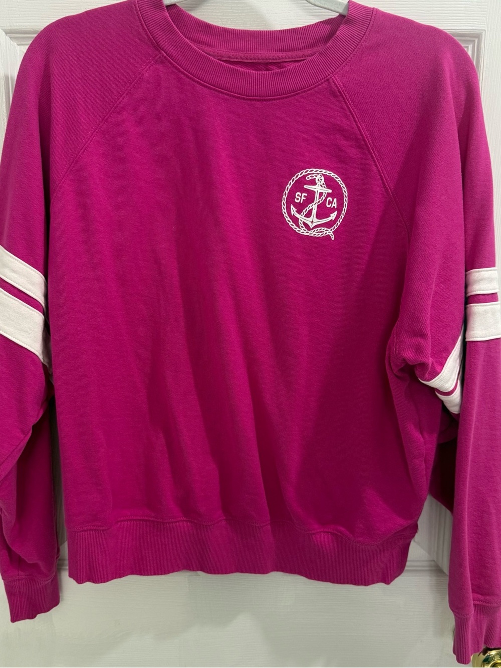 Old Navy Fuchsia Crewneck Sweatshirt with White Stripe and Anchor Logo- size med